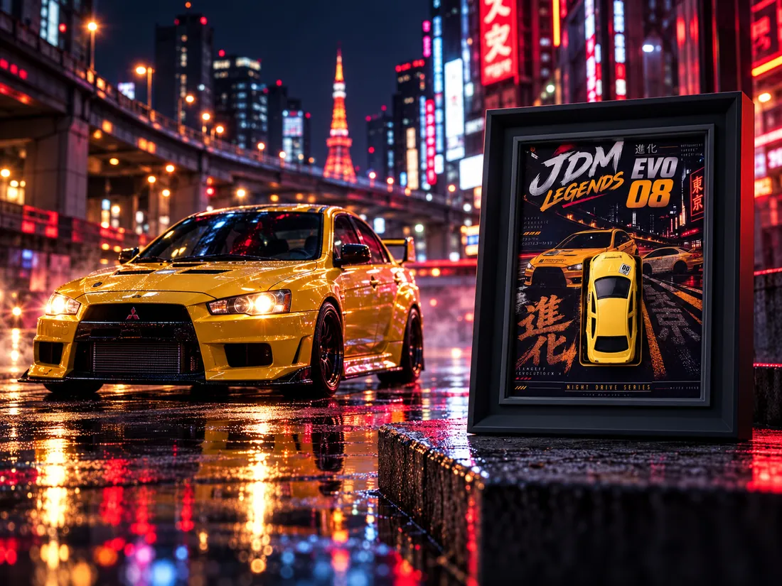 Mitsubishi Lancer Evolution amarillo en una calle nocturna de Tokio junto a un cuadro JDM Legends