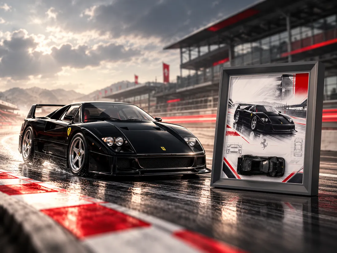 Ferrari F40 negro en un circuito mojado junto a un cuadro Track Icons